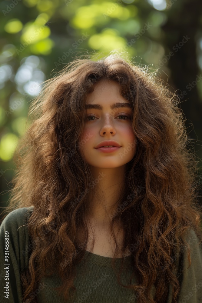 Naklejka premium A woman with long brown hair is standing in a forest. She has a smile on her face and is looking at the camera