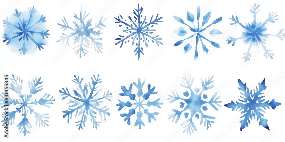 A series of blue snowflakes are shown in various sizes and positions. Concept of winter and the beauty of snowflakes A series of blue snowflakes are shown in various sizes and positions. Concept of winter and the beauty of snowflakes