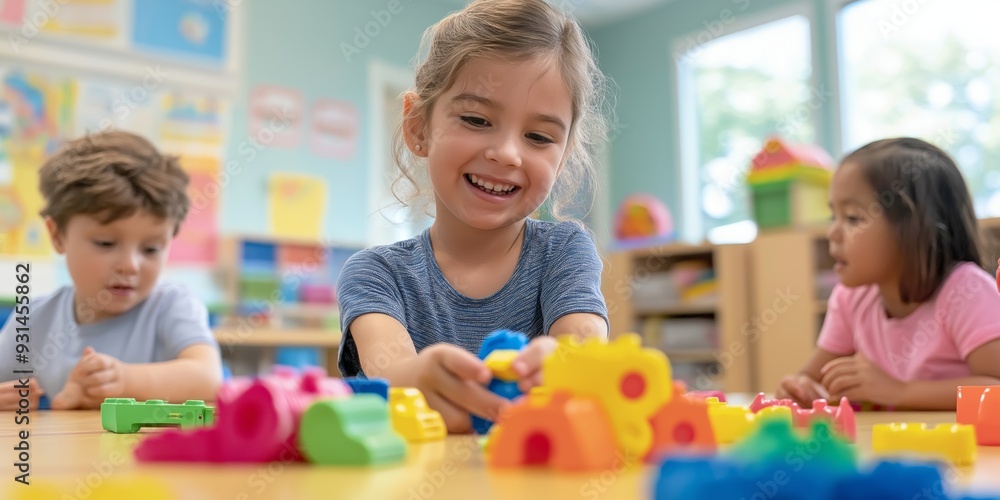 A girl is playing with blocks in a classroom. She is smiling and seems to be enjoying herself A girl is playing with blocks in a classroom. She is smiling and seems to be enjoying herself