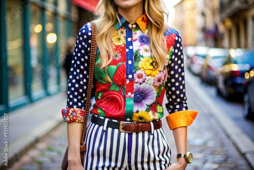 Eclectic mix of western shirt with bright floral pattern clashing with bold stripes and polka dots in playful street style fashion photo