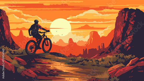 An extreme mountain biker enjoying a beautiful view of wild mountainous nature during sunset, vector poster illustration.