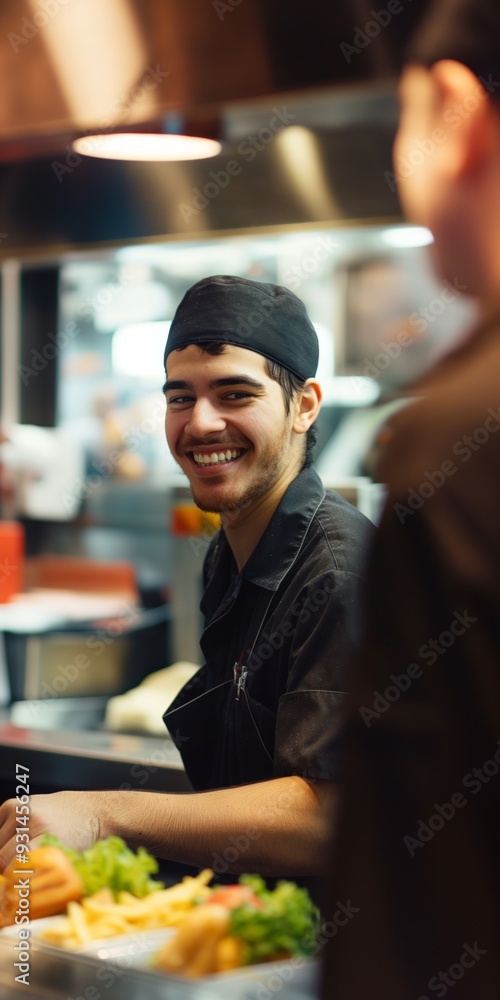 A handsome young cook smiling confidently while preparing food in a restaurant kitchen. A handsome young cook smiling confidently while preparing food in a restaurant kitchen.