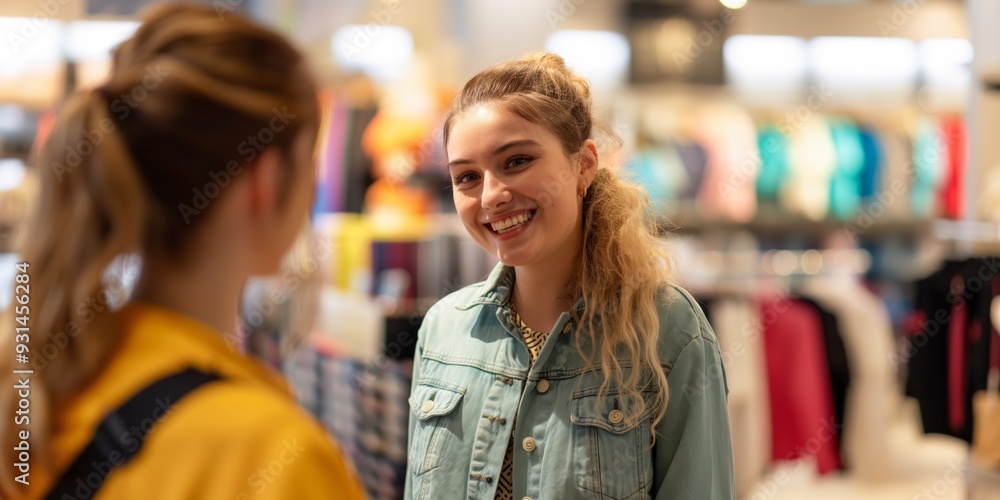 Two friends happily choosing clothes in a retail store, embodying modern lifestyle and consumerism. Two friends happily choosing clothes in a retail store, embodying modern lifestyle and consumerism.