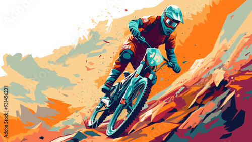 Extreme mountain biker rushing downhill with bike on a rough terrain, vector poster illustration.