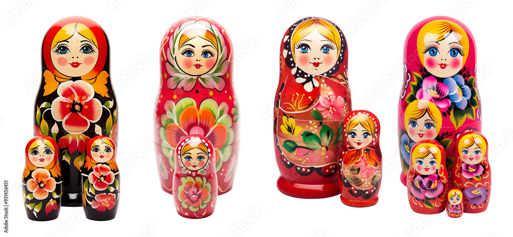 Set of traditional Russian matryoshka nesting dolls with floral patterns Set of traditional Russian matryoshka nesting dolls with floral patterns