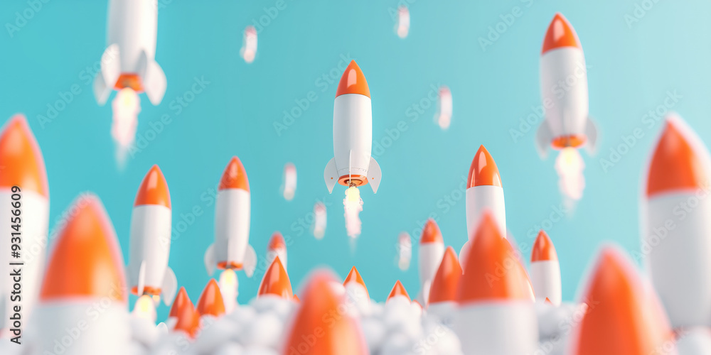 A 3D Depiction of Multiple Rockets Launching Into a Blue Sky, Futuristic Business Concepts and Innovation 3D idea Background A 3D Depiction of Multiple Rockets Launching Into a Blue Sky, Futuristic Business Concepts and Innovation 3D idea Background