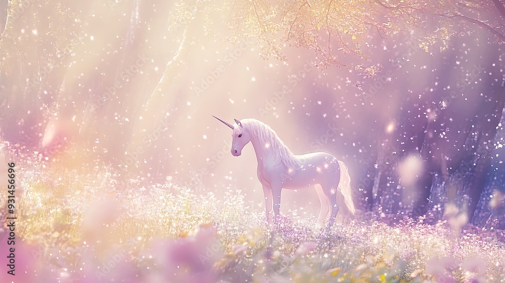 Graceful White Unicorn in a Magical Forest, Surrounded by Soft Pastel Flowers and Glowing Sparkles, Set Against a Dreamlike Pink-to-Lavender Gradient Sky Graceful White Unicorn in a Magical Forest, Surrounded by Soft Pastel Flowers and Glowing Sparkles, Set Against a Dreamlike Pink-to-Lavender Gradient Sky