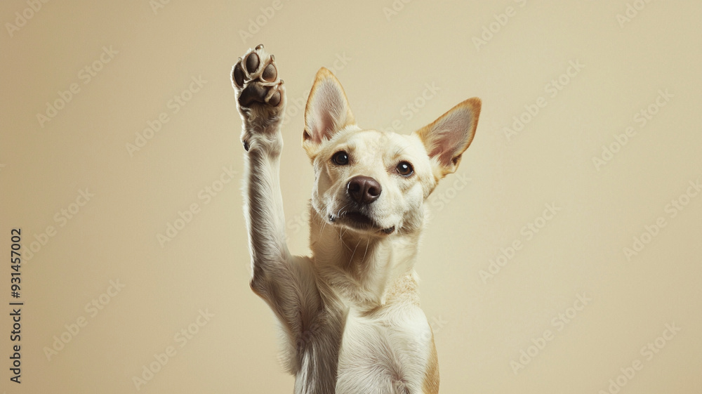 Cute dog raising paw on yellow background Cute dog raising paw on yellow background