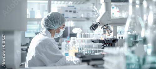 A high-quality microscope and an array of laboratory glassware are arranged on a pristine white surface, symbolizing scientific discovery and innovation.