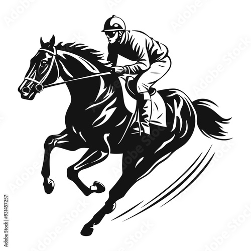 Jockey riding a racehorse, black silhouette sketch, flat style vector illustration isolated on white.