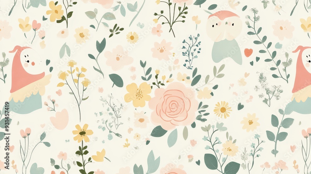 A whimsical floral pattern with cute characters and soft colors. A whimsical floral pattern with cute characters and soft colors.