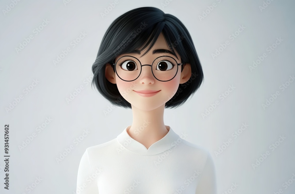 3D cartoon of an Asian woman with short black hair and bangs at the forehead
3D cartoon of an Asian woman with short black hair and bangs at the forehead