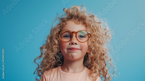 A confident child with curly blonde hair, orange glasses, and a peach top, standing against a blue background, exuding charm and happiness.