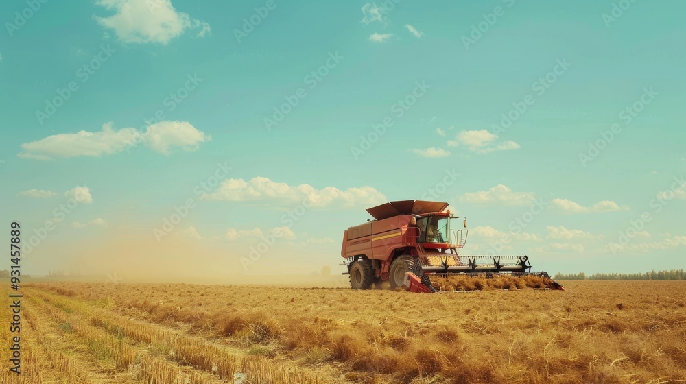 Fototapeta premium A combine harvester works in a golden field under a clear sky, capturing the essence of the agricultural season.
