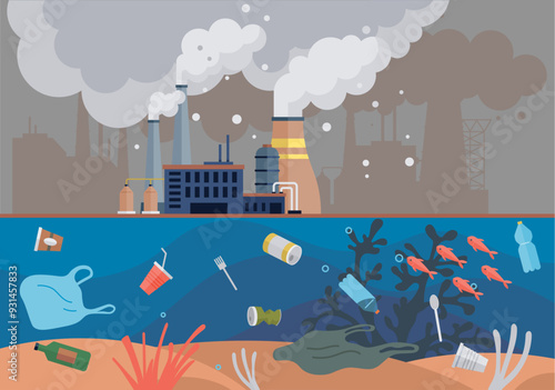 Ocean pollution vector illustration. The destruction aquatic habitats is consequence ongoing ocean contamination Damage to environment is evident in dirty and polluted state ocean The ocean pollution photo