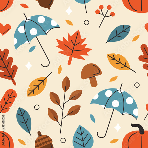 Autumn seamless pattern. Golden leaves, acorns, umbrella for patterns, prints and product design. Hand drawn vector illustration. 