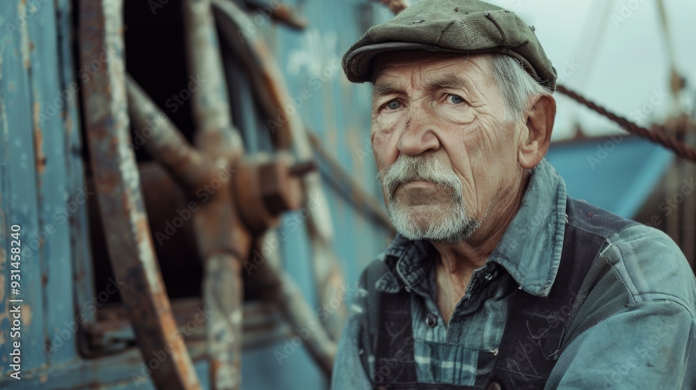 A weathered fisherman with a stern expression stands against the backdrop of a rustic, blue boat, evoking a sense of hard-earned wisdom and resilience. A weathered fisherman with a stern expression stands against the backdrop of a rustic, blue boat, evoking a sense of hard-earned wisdom and resilience.