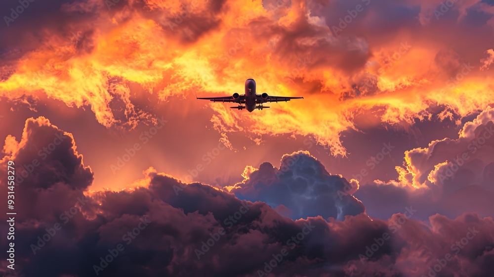Fototapeta premium Commercial airplane flying above dramatic clouds during sunset. 