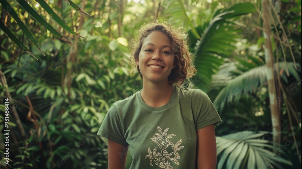 A smiling woman standing amidst lush greenery radiates happiness and affection for nature in this vibrant outdoor portrait. A smiling woman standing amidst lush greenery radiates happiness and affection for nature in this vibrant outdoor portrait.