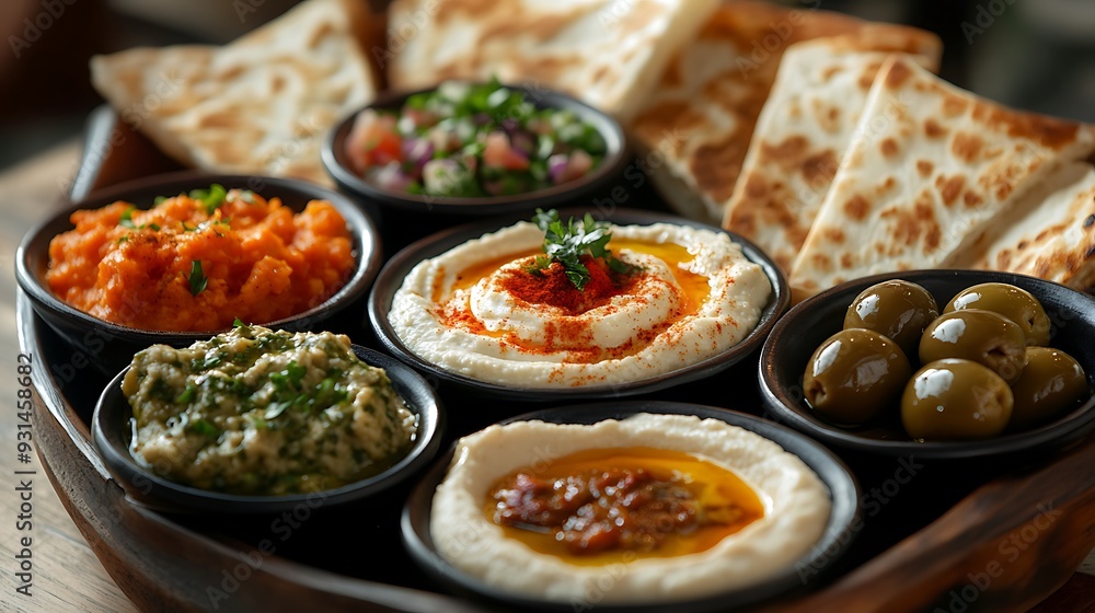 A Wooden Tray with Various Dips, Hummus, and Flatbread A Wooden Tray with Various Dips, Hummus, and Flatbread