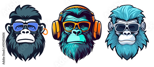Hipster monkeys with headphones and sunglasses, colorful vector illustration set.