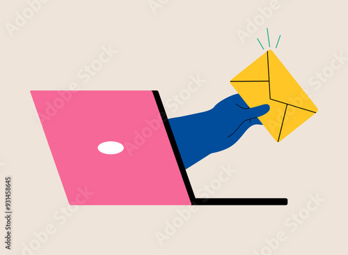 Incoming message. Laptop hand with a letter. Colorful vector illustration