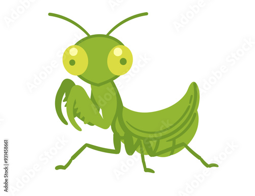 Cute cartoon Mantis with a smiling face. Funny insect design. Vector illustration isolated on white background