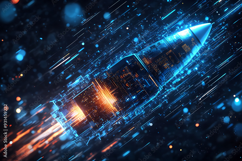Obraz premium Abstract digital background featuring a rocket, symbolizing innovation, progress, and exploration
