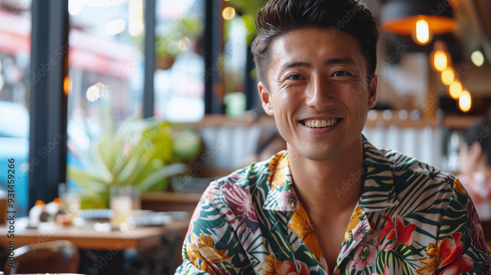 Smiling handsome Asian man in a Hawaiian shirt sits at a table in a local cafe Smiling handsome Asian man in a Hawaiian shirt sits at a table in a local cafe