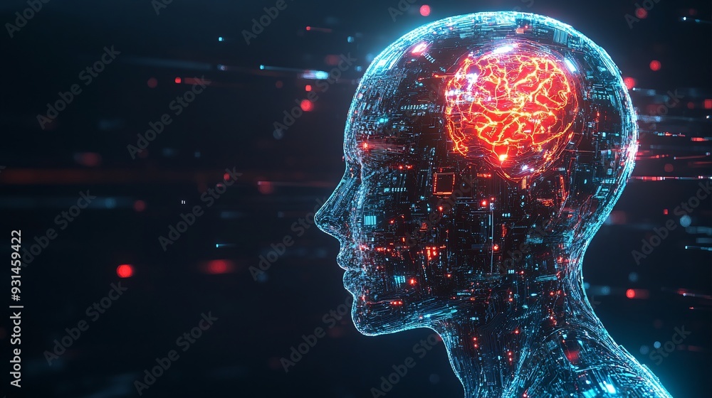 Profile of a humanoid head with a glowing cybernetic brain and advanced AI components integrated throughout Profile of a humanoid head with a glowing cybernetic brain and advanced AI components integrated throughout