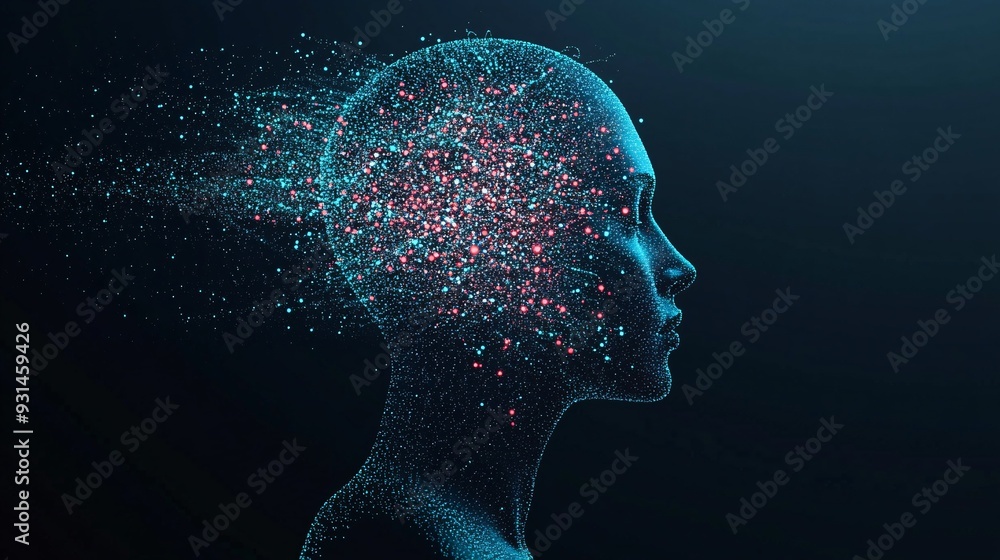 Side view of a humanoid head with a digital data stream entering the brain representing AI learning and adaptation Side view of a humanoid head with a digital data stream entering the brain representing AI learning and adaptation