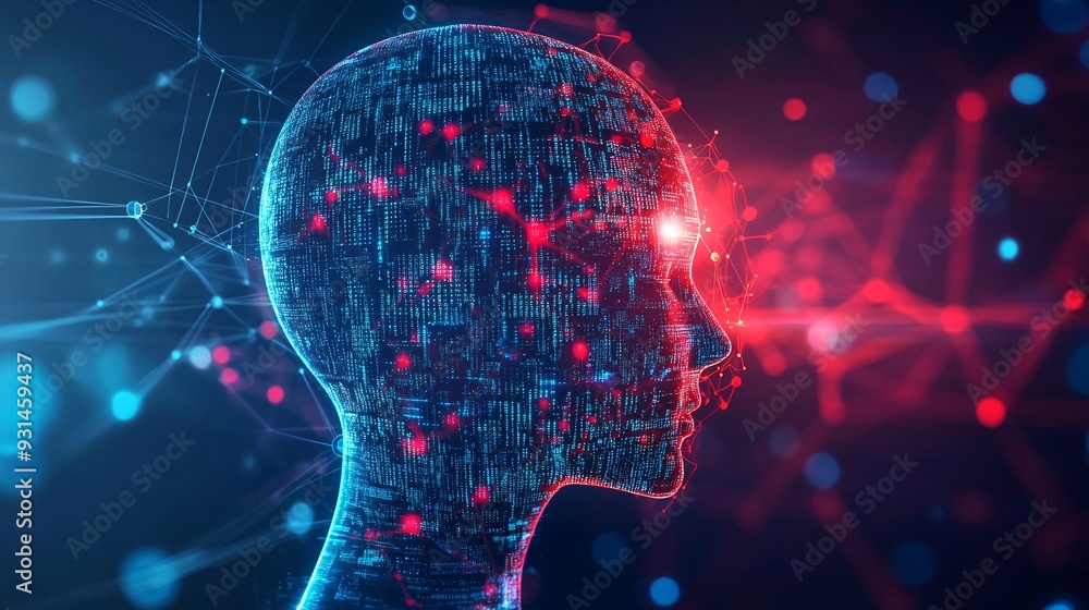 Humanoid head in side view with a digital matrix overlay and neural pathways highlighted symbolizing AIs capabilities Humanoid head in side view with a digital matrix overlay and neural pathways highlighted symbolizing AIs capabilities