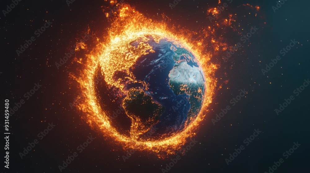 A fiery globe surrounded by flames, symbolizing climate change and environmental urgency in a visually striking manner. A fiery globe surrounded by flames, symbolizing climate change and environmental urgency in a visually striking manner.