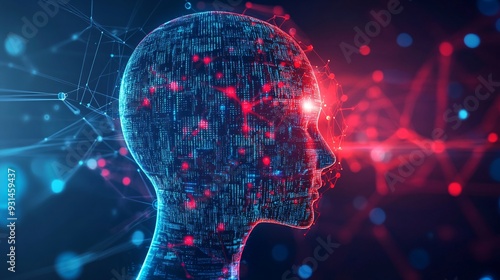 Humanoid head in side view with a digital matrix overlay and neural pathways highlighted symbolizing AIs capabilities