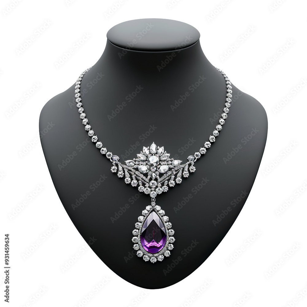 Front view of an amethyst pendant necklace with intricate silver filigree on a black bust isolated on a white transparent background Front view of an amethyst pendant necklace with intricate silver filigree on a black bust isolated on a white transparent background