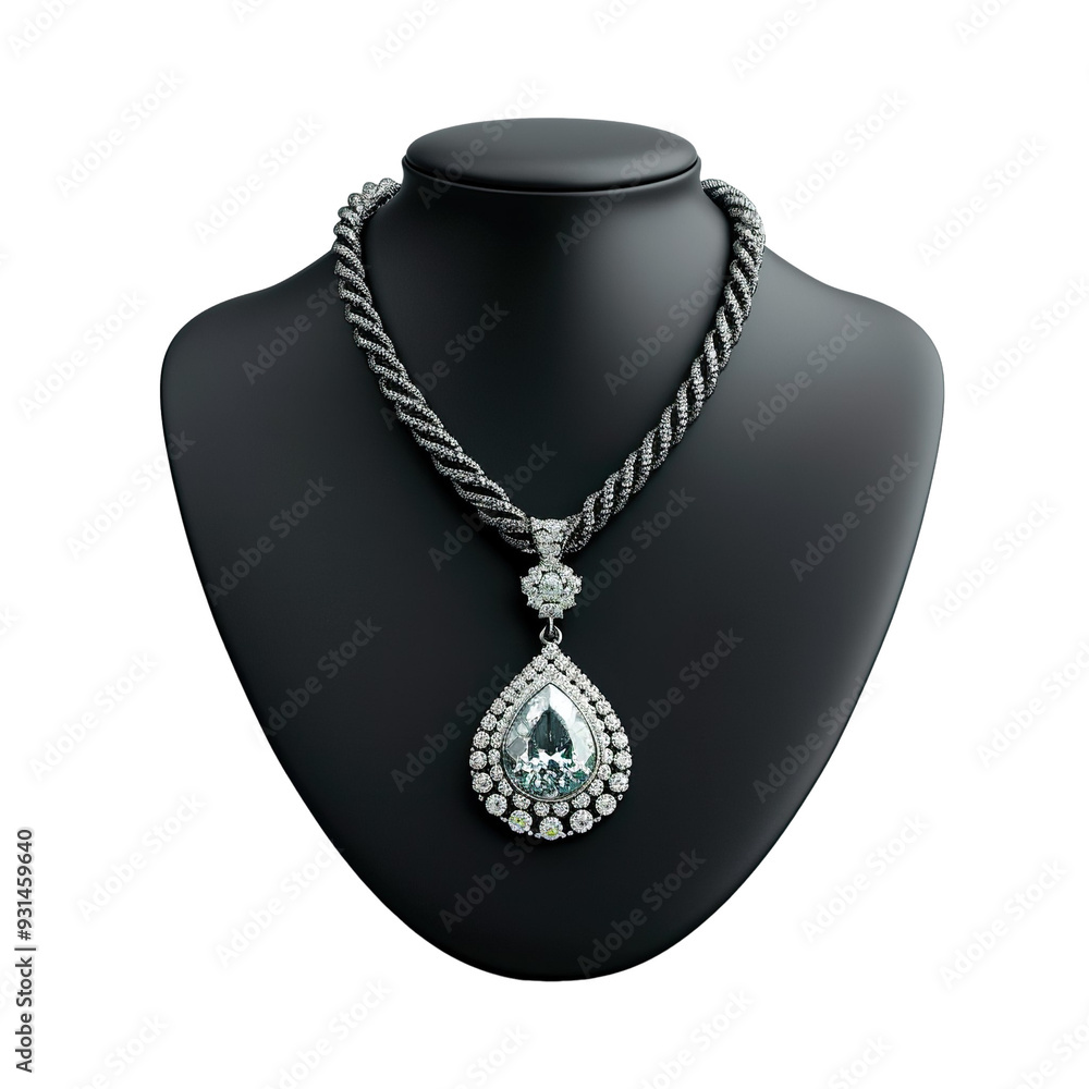 Front view of an aquamarine pendant necklace with a braided silk cord on a black bust isolated on a white transparent background Front view of an aquamarine pendant necklace with a braided silk cord on a black bust isolated on a white transparent background