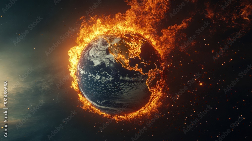 A dramatic depiction of Earth engulfed in flames, symbolizing climate change and the urgency for environmental awareness. A dramatic depiction of Earth engulfed in flames, symbolizing climate change and the urgency for environmental awareness.