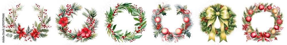 Watercolor Christmas wreath png cut out element set Watercolor Christmas wreath png cut out element set