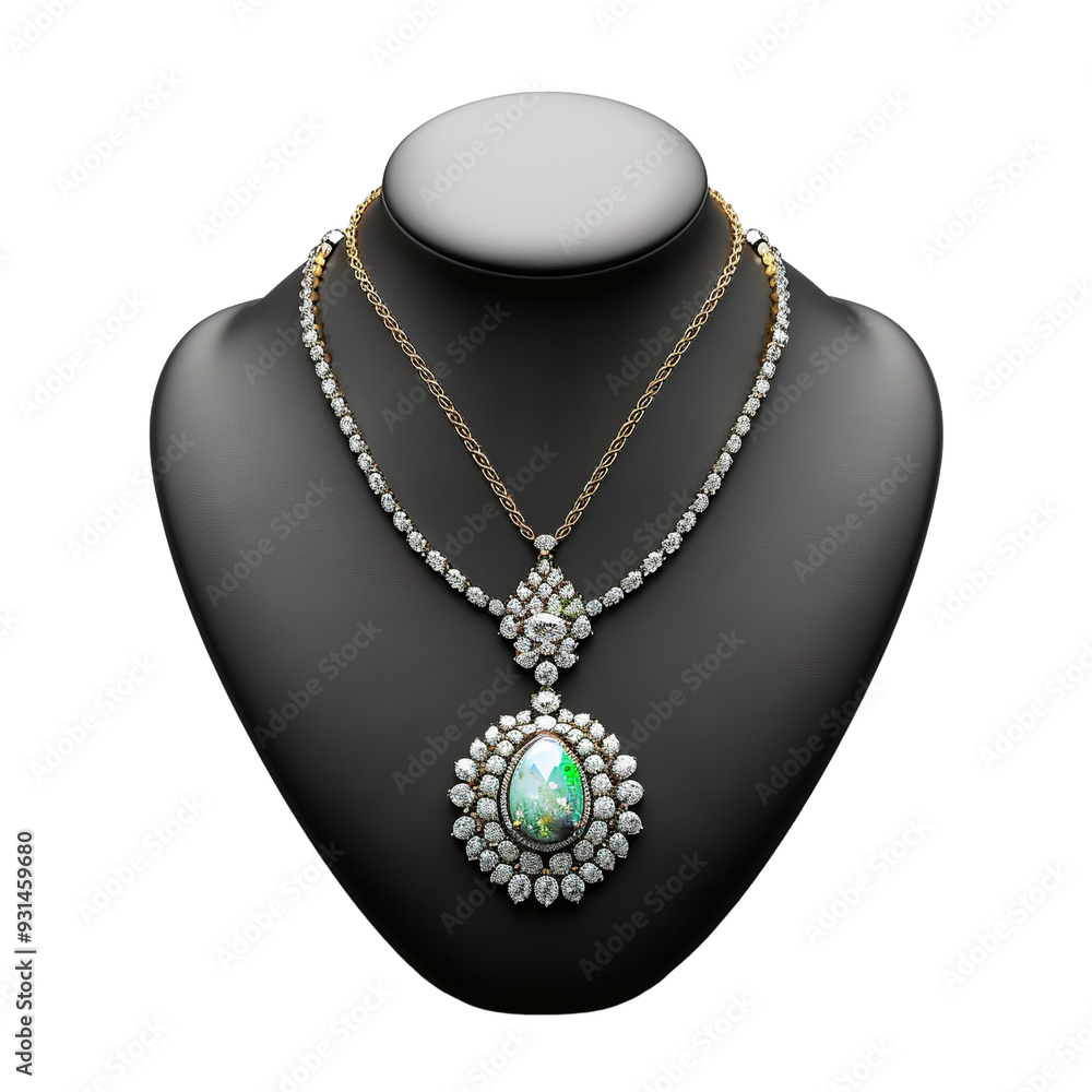 Front view of an opal pendant necklace with a delicate gold chain on a black bust isolated on a white transparent background. Front view of an opal pendant necklace with a delicate gold chain on a black bust isolated on a white transparent background.