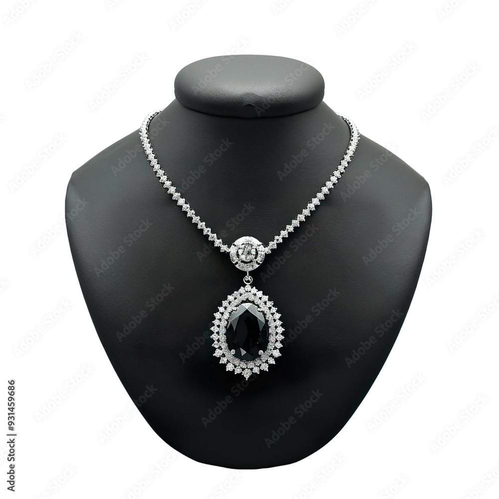 ront view of an onyx pendant necklace with a sterling silver setting on a black bust isolated on a white transparent background. ront view of an onyx pendant necklace with a sterling silver setting on a black bust isolated on a white transparent background.