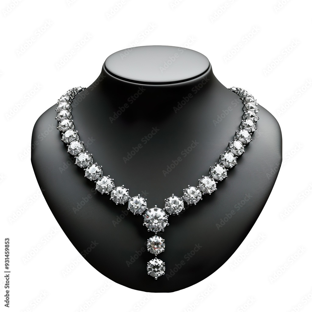 Front view of a diamond tennis necklace with a platinum setting on a black bust isolated on a white transparent background Front view of a diamond tennis necklace with a platinum setting on a black bust isolated on a white transparent background