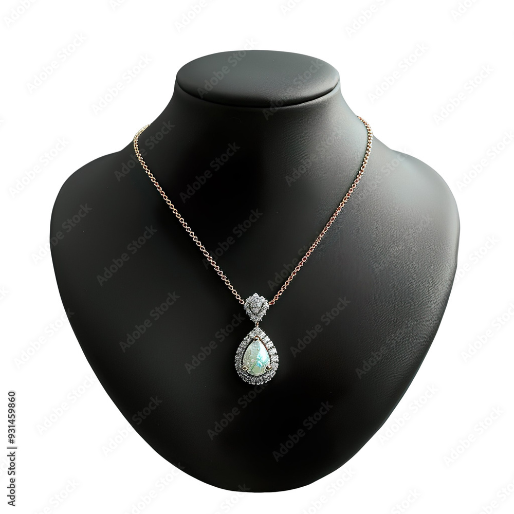 Front view of a dendritic opal pendant necklace with a delicate rose gold chain on a black bust isolated on a white transparent background Front view of a dendritic opal pendant necklace with a delicate rose gold chain on a black bust isolated on a white transparent background