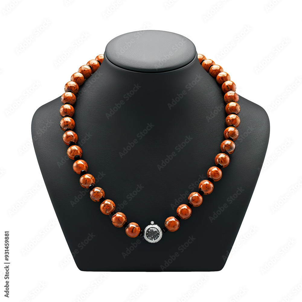Front view of a fire agate bead necklace with a leather cord and silver toggle clasp on a black bust isolated on a white transparent background Front view of a fire agate bead necklace with a leather cord and silver toggle clasp on a black bust isolated on a white transparent background