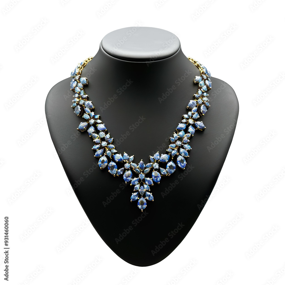 Front view of a lapis lazuli statement necklace with gold leaf accents on a black bust isolated on a white transparent background Front view of a lapis lazuli statement necklace with gold leaf accents on a black bust isolated on a white transparent background