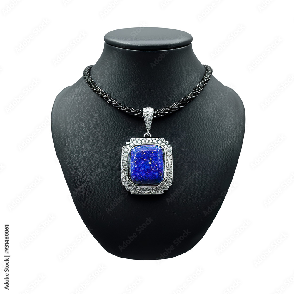 Front view of a lapis lazuli pendant necklace with a suede cord and silver findings on a black bust isolated on a white transparent background Front view of a lapis lazuli pendant necklace with a suede cord and silver findings on a black bust isolated on a white transparent background