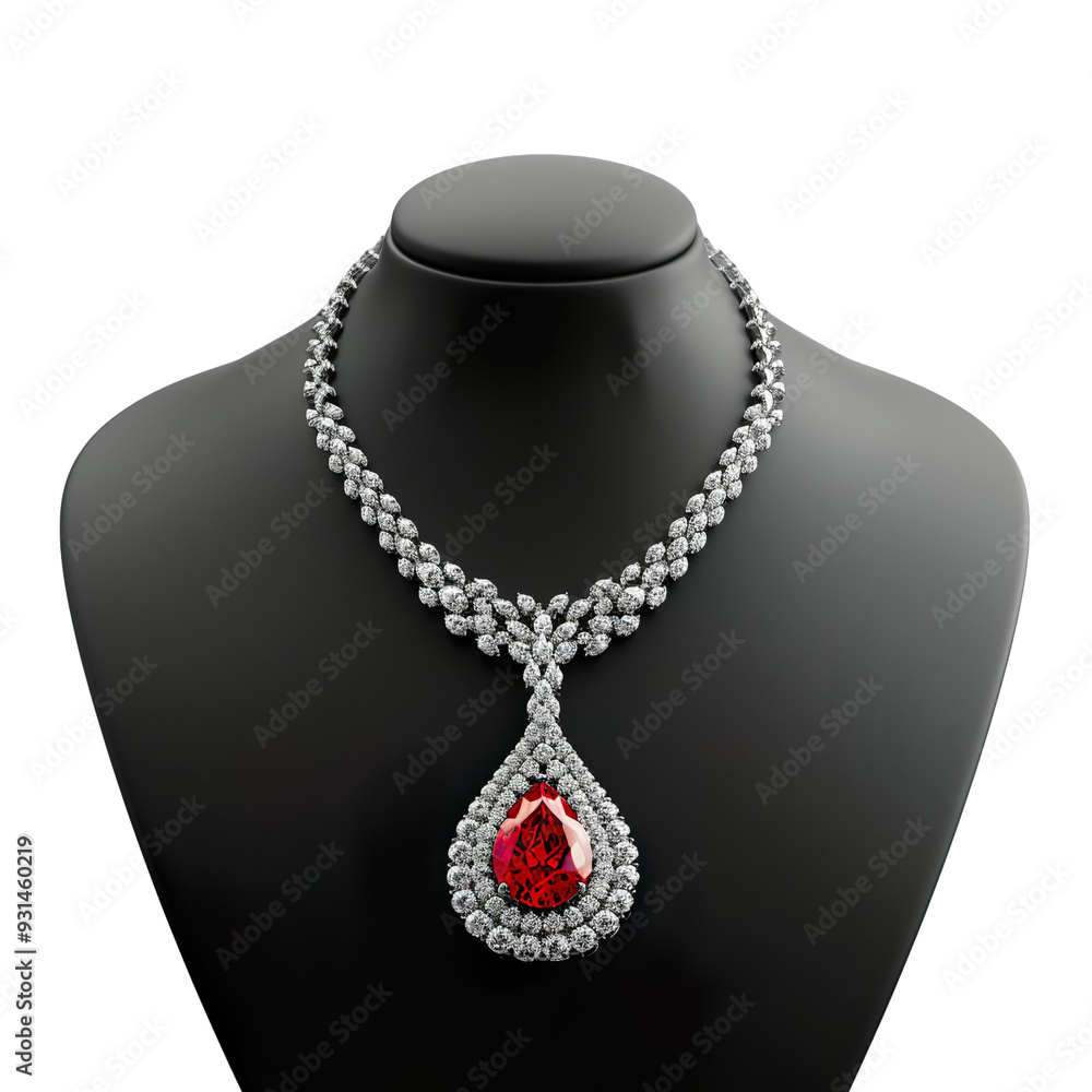 Front view of a ruby pendant necklace with a twisted silk cord on a black bust isolated on a white transparent background. Front view of a ruby pendant necklace with a twisted silk cord on a black bust isolated on a white transparent background.