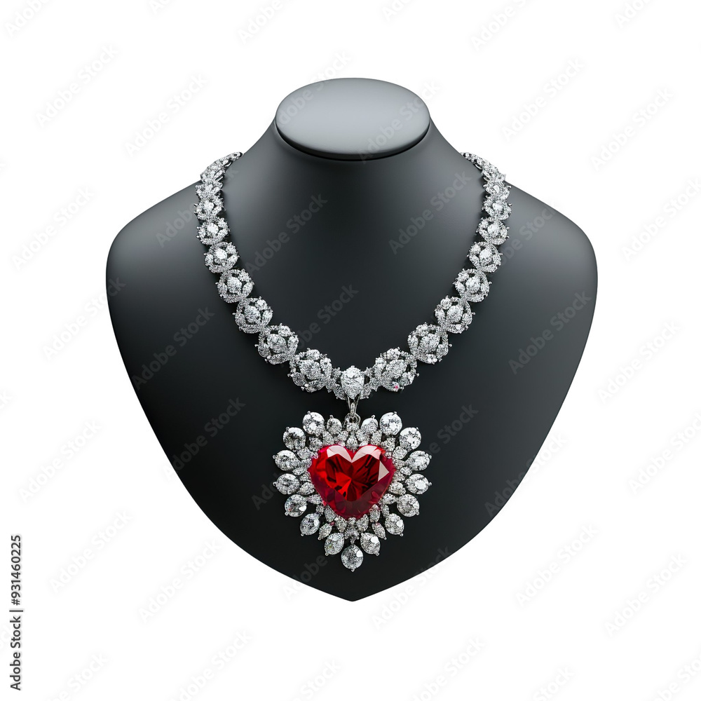 Front view of a ruby heart-shaped pendant necklace on a black bust isolated on a white transparent background. Front view of a ruby heart-shaped pendant necklace on a black bust isolated on a white transparent background.