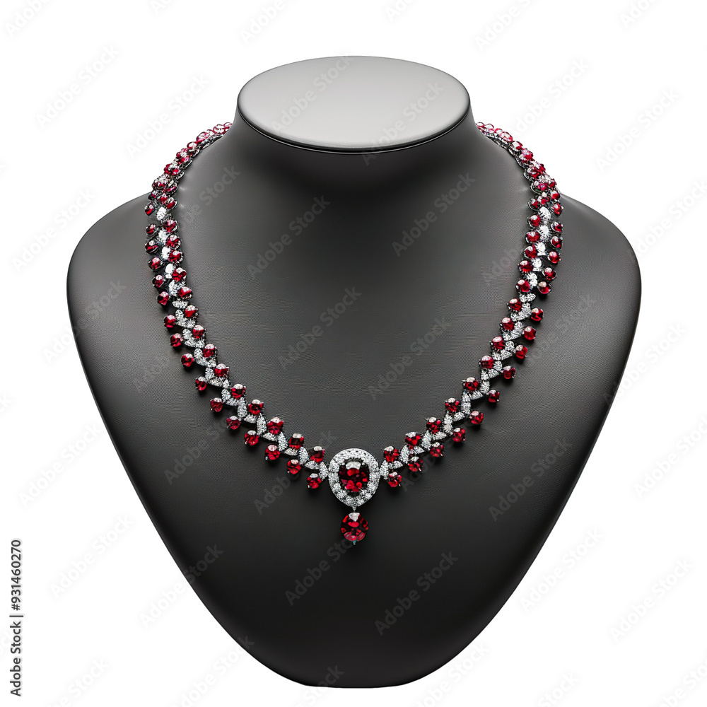 Front view of a spinel beaded necklace with a sterling silver clasp on a black bust isolated on a white transparent background. Front view of a spinel beaded necklace with a sterling silver clasp on a black bust isolated on a white transparent background.