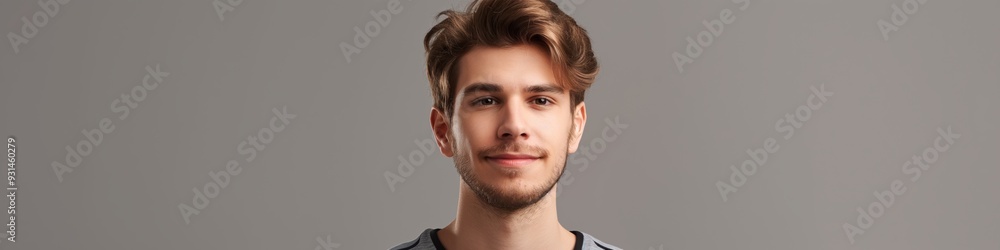 Handsome young man with a casual style, confidently posing with a happy expression in a studio setting. Handsome young man with a casual style, confidently posing with a happy expression in a studio setting.
