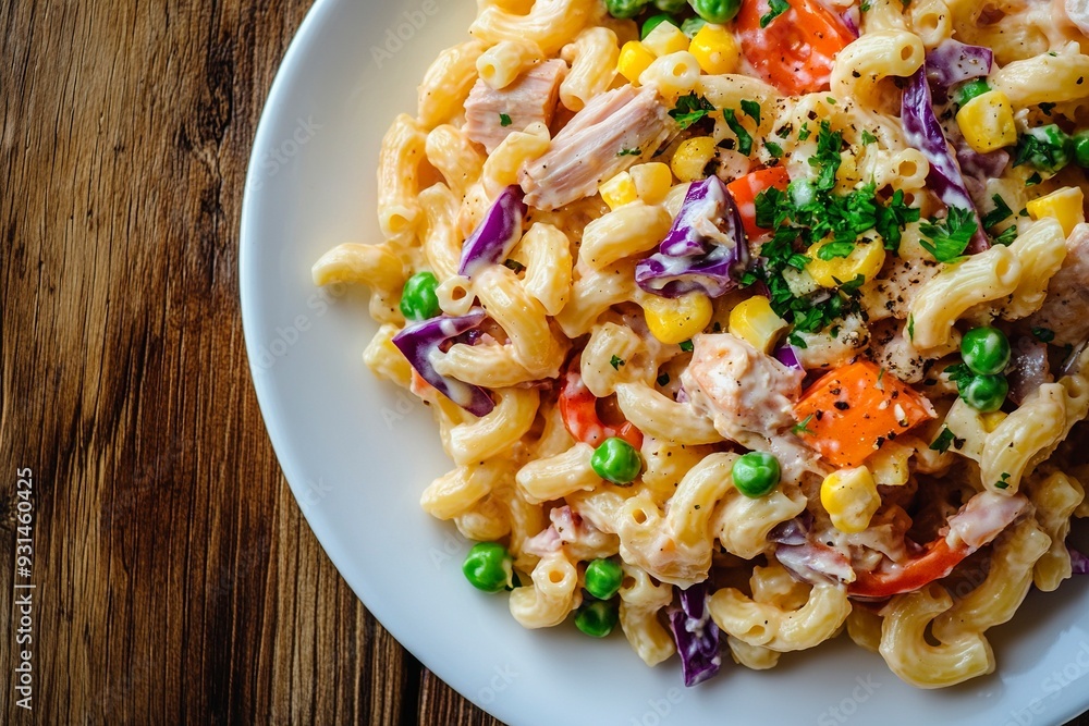 Homemade macaroni salad with elbow pasta and canned tuna, carrot, Purple cabbage, tomato, corn, green peas and mayonnaise dressing in a white plate on wooden table.Top view. Generative Ai Homemade macaroni salad with elbow pasta and canned tuna, carrot, Purple cabbage, tomato, corn, green peas and mayonnaise dressing in a white plate on wooden table.Top view. Generative Ai